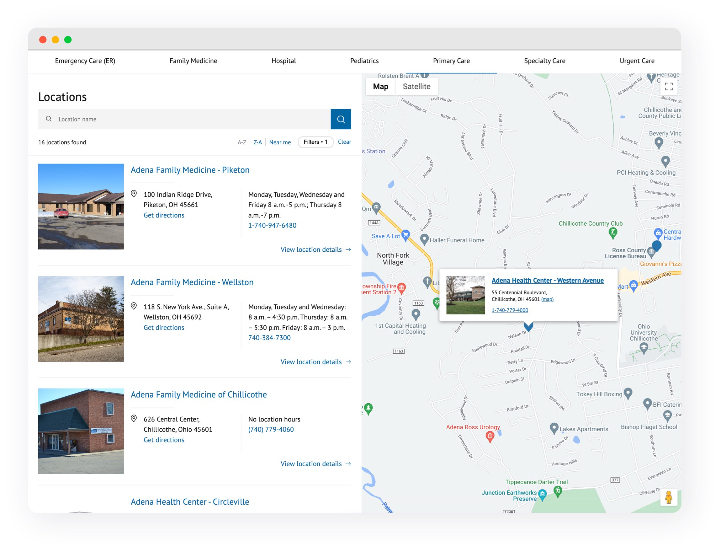 Screenshot of maps on an Adena webpage